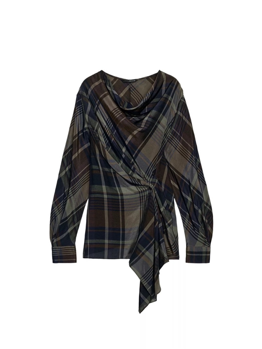 Zara Draped Plaid Wrap Blouse - Brown, Olive, Navy